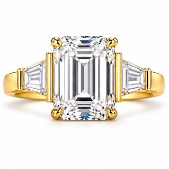 4 Carat Emerald Cut Lab Grown Diamond Three Stone Ring With Trapezoids In 14K Yellow Gold