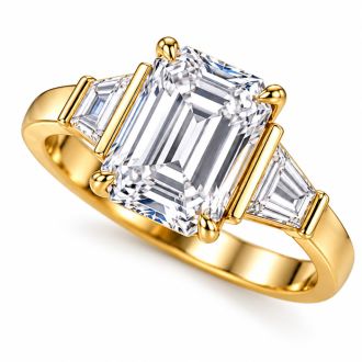 4 Carat Emerald Cut Lab Grown Diamond Three Stone Ring With Trapezoids In 14K Yellow Gold