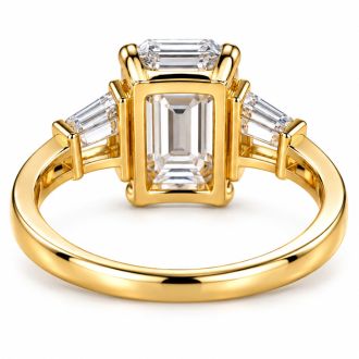 4 Carat Emerald Cut Lab Grown Diamond Three Stone Ring With Trapezoids In 14K Yellow Gold