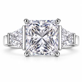 4 Carat Princess Cut Lab Grown Diamond Three Stone Ring With Trapezoids In 14K White Gold
