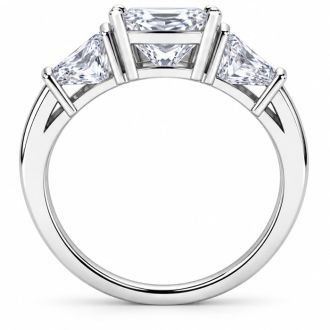 4 Carat Princess Cut Lab Grown Diamond Three Stone Ring With Trapezoids In 14K White Gold
