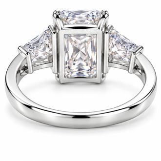 4 Carat Princess Cut Lab Grown Diamond Three Stone Ring With Trapezoids In 14K White Gold