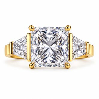 4 Carat Princess Cut Lab Grown Diamond Three Stone Ring With Trapezoids In 14K Yellow Gold