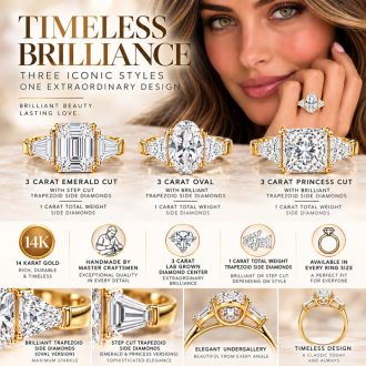 4 Carat Princess Cut Lab Grown Diamond Three Stone Ring With Trapezoids In 14K Yellow Gold