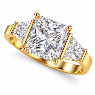 4 Carat Princess Cut Lab Grown Diamond Three Stone Ring With Trapezoids In 14K Yellow Gold