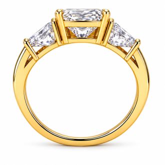 4 Carat Princess Cut Lab Grown Diamond Three Stone Ring With Trapezoids In 14K Yellow Gold