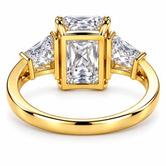 4 Carat Princess Cut Lab Grown Diamond Three Stone Ring With Trapezoids In 14K Yellow Gold
