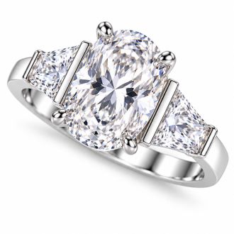 4 Carat Oval Shape Lab Grown Diamond Three Stone Ring With Trapezoids In 14K White Gold