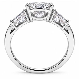 4 Carat Oval Shape Lab Grown Diamond Three Stone Ring With Trapezoids In 14K White Gold