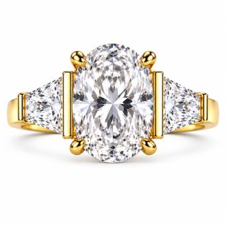 4 Carat Oval Shape Lab Grown Diamond Three Stone Ring With Trapezoids In 14K Yellow Gold