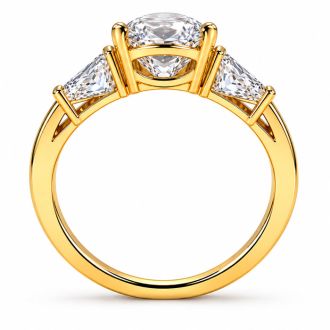 4 Carat Oval Shape Lab Grown Diamond Three Stone Ring With Trapezoids In 14K Yellow Gold
