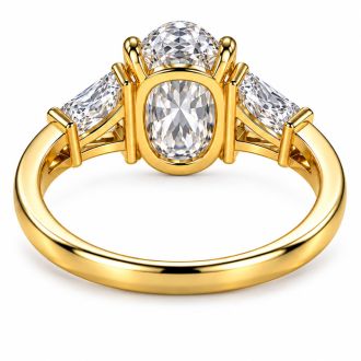 4 Carat Oval Shape Lab Grown Diamond Three Stone Ring With Trapezoids In 14K Yellow Gold