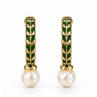 Draper James Green Enamel and Pearl Hoop Earrings In Gold