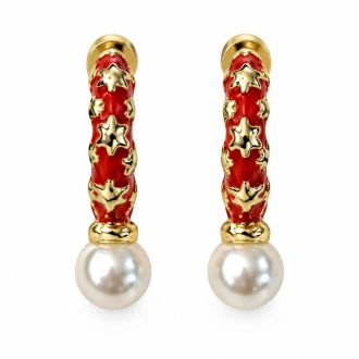 Draper James Red Star and Pearl Hoop Earrings In Gold