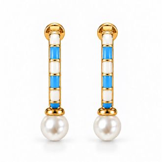 Draper James Preppy Blue and Pearl Hoop Earrings In Gold