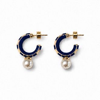 Draper James Navy Blue and Pearl Hoop Earrings In Gold