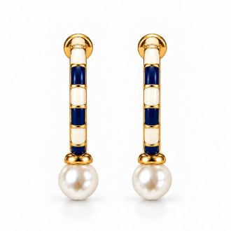 Draper James Navy Blue and Pearl Hoop Earrings In Gold