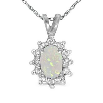 1/4ct Oval Opal And Diamond Encrusted Pendant in 14k White Gold