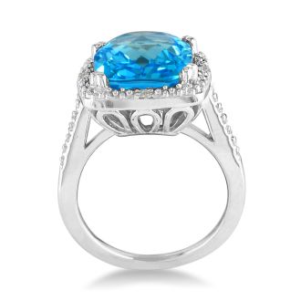 4ct Blue Topaz and Diamond Ring, Sterling Silver