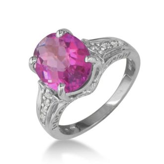 Pink Gemstones 4 Carat Pink Topaz and Diamond Ring In 10 Karat White Gold