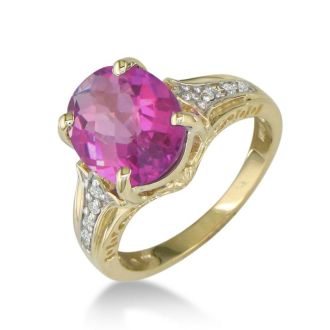 Pink Gemstones 4 Carat Pink Topaz and Diamond Ring In 10 Karat Yellow Gold