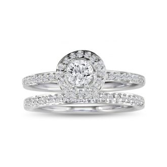Estate Jewelry 3/4 Carat Micro Pave Created Diamond Bridal Set In Sterling Silver, Size 7