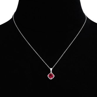 1.5ct Cushion Cut Created Ruby and Diamond Necklace
