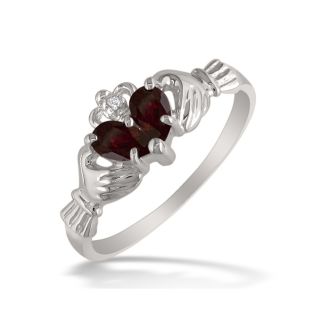 Garnet Ring: Garnet Jewelry: Garnet Claddagh Ring in 10k White Gold