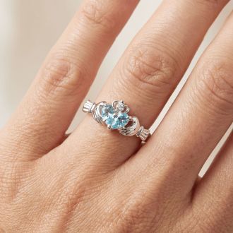 Aquamarine Ring: Aquamarine Jewelry: Aquamarine Claddagh Ring in 10k White Gold