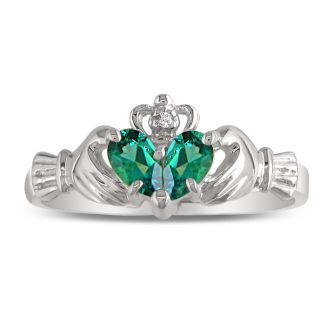 Emerald Claddagh Ring in 10k White Gold