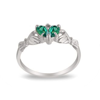 Emerald Claddagh Ring in 10k White Gold