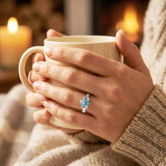 Blue Topaz  Claddagh Ring in 10k White Gold