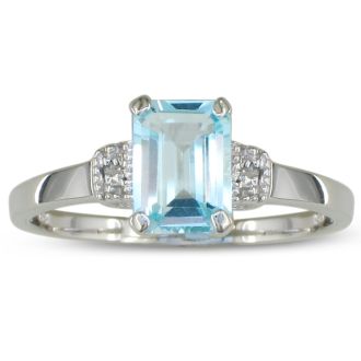 1ct Emerald Cut Blue Topaz and Diamond Ring in Sterling Silver