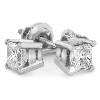 1 1/2ct Princess Diamond Stud Earrings, 14k White Gold