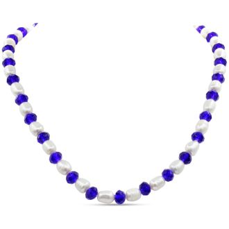 Fine Electric Blue Crystal and Giant Seed Pearl Necklace, Incredible Value For Very Bright White Pearls and Quality Crystal!