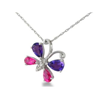 1.5ct Diamond, Amethyst and Pink Topaz Butterfly Pendant in Silver