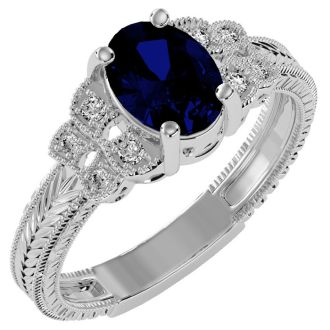 1 3/4 Carat Oval Shape Sapphire and Diamond Ring In 10 Karat White Gold