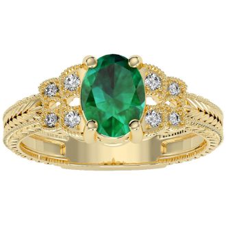 1 1/4 Carat Oval Shape Emerald and Diamond Ring In 10 Karat Yellow Gold