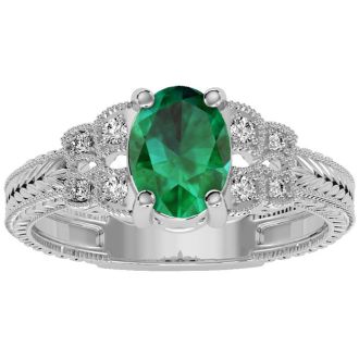 1 1/4 Carat Oval Shape Emerald and Diamond Ring In 10 Karat White Gold