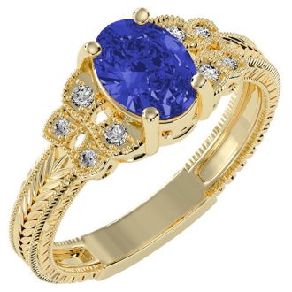 1 1/3 Carat Oval Shape Tanzanite and Diamond Ring In 10 Karat Yellow Gold