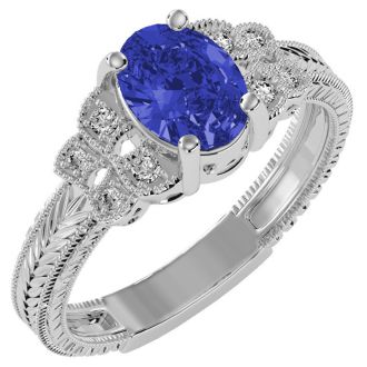 1 1/3 Carat Oval Shape Tanzanite and Diamond Ring In 10 Karat White Gold