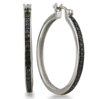 1/2ct Black Diamond Hoop Earrings in Sterling Silver, Over 1 Inch. 