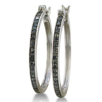 1/2ct Black Diamond Hoop Earrings in Sterling Silver, Over 1 Inch. 