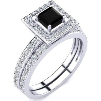 1ct Black and White Princess Cut Diamond Pave Bridal Set, SS