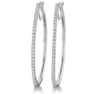 1 Carat Diamond Hoop Earrings in Sterling Silver, 1 1/2 Inches
