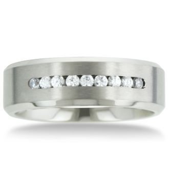 8 MM Men's Titanium ring wedding band with 9 large Channel Set CZ