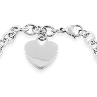 Ladies Dangling Single Heart Charm Bracelet in Stainless Steel With Free Custom Engraving