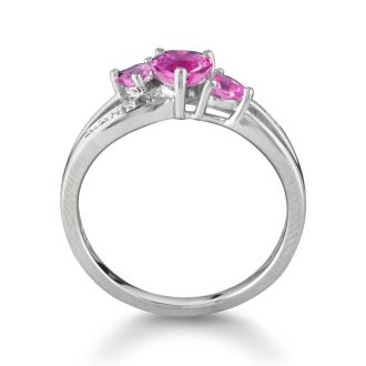 7/8ct Triple Heart Shaped Pink Topaz and Diamond Ring in SS