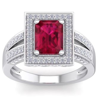 2 3/4 Carat Ruby and Halo Diamond Ring In 14 Karat White Gold