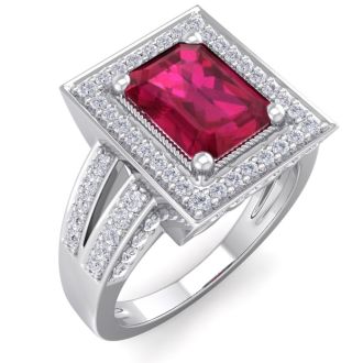 2 3/4 Carat Ruby and Halo Diamond Ring In 14 Karat White Gold